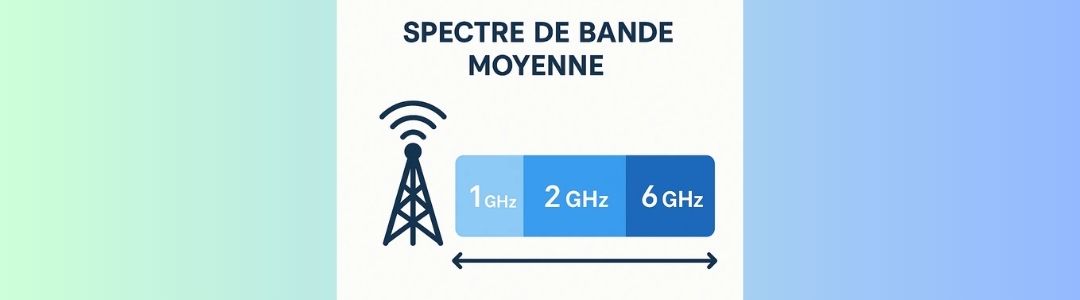 Génère une image professionnelle illustrant le spectre de bande moyenne en réseau mobile. Que l'image ne soit pas lourde, car c'est pour un article de blog SEO.